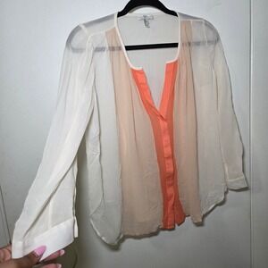 Joie Womens S Silk Sheer Chiffon Blouse Colorblock Cream Peach Long Sleeve Top